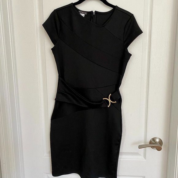 Venus Black Cap Sleeve Sheath Dress with Gold Buckle Detail Size S - Picture 1 of 12